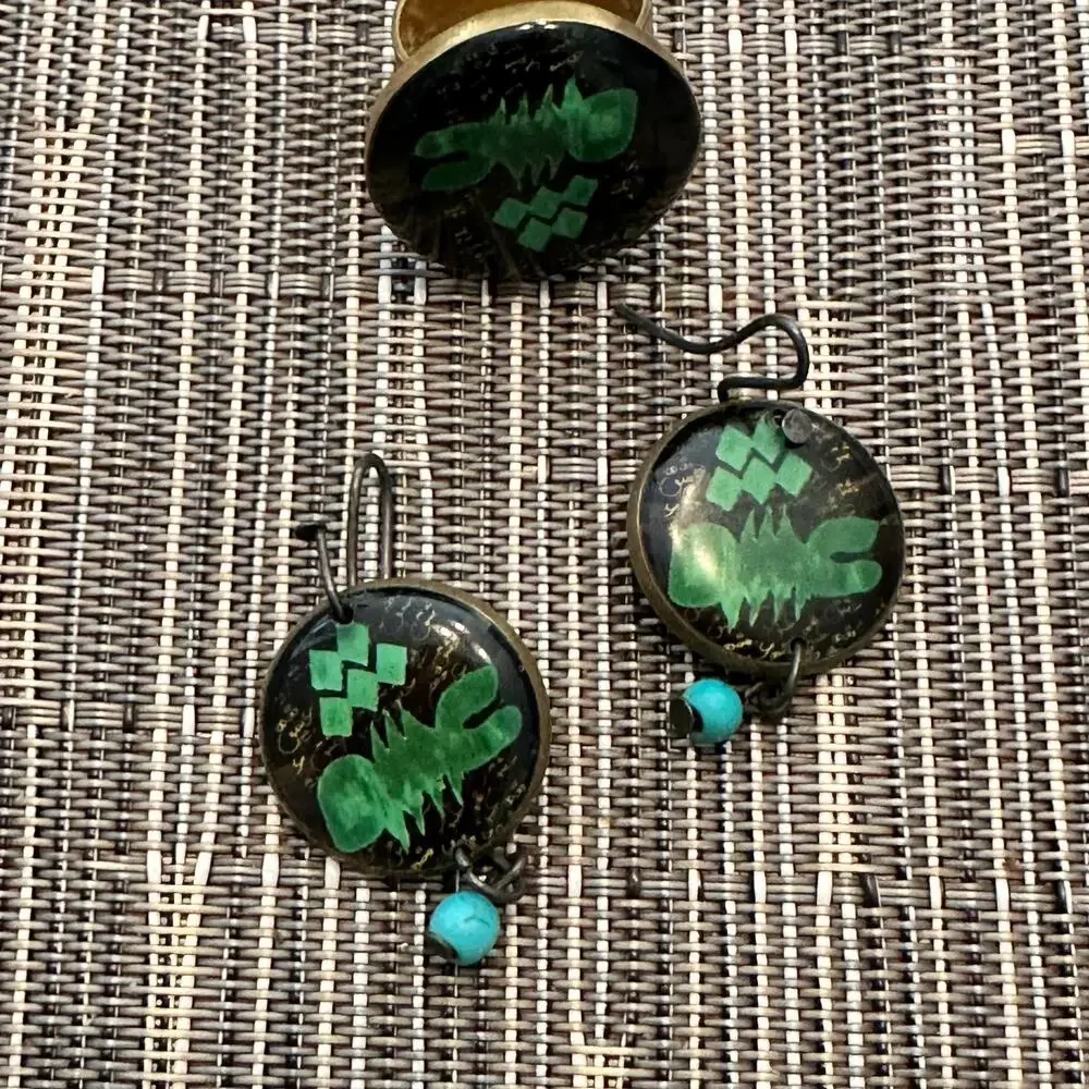 Artisan Jewelry Set Black Green Boho Jewelry Adjustable Ring Earring Lot of 2
